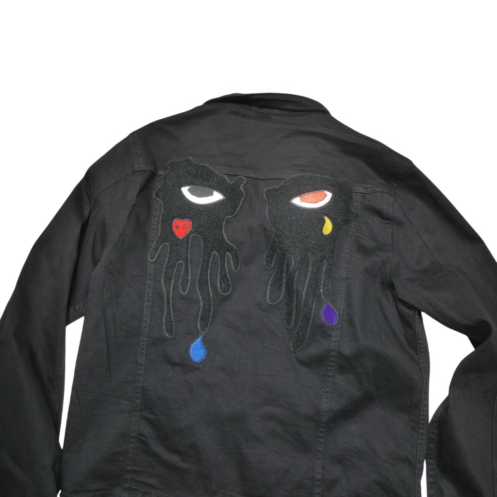 Roku Studio Jacket Mens Large Black Denim Drip Eyes Art Embroidered Back Graphic